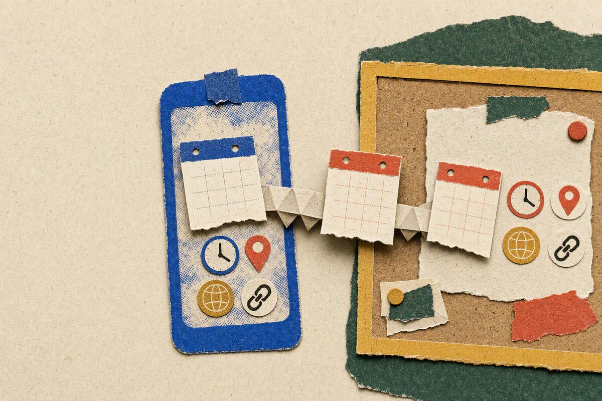 Torn-paper calendar cards crossing a folded bridge between a phone shape and a notice board